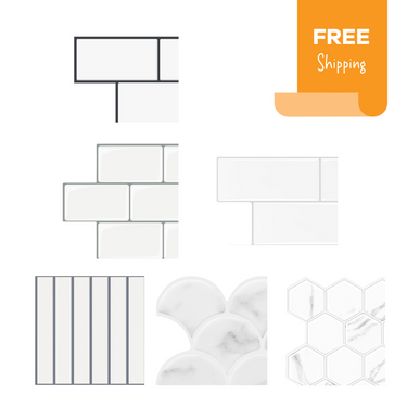Sample pack of white peel and stick tiles with grey grout